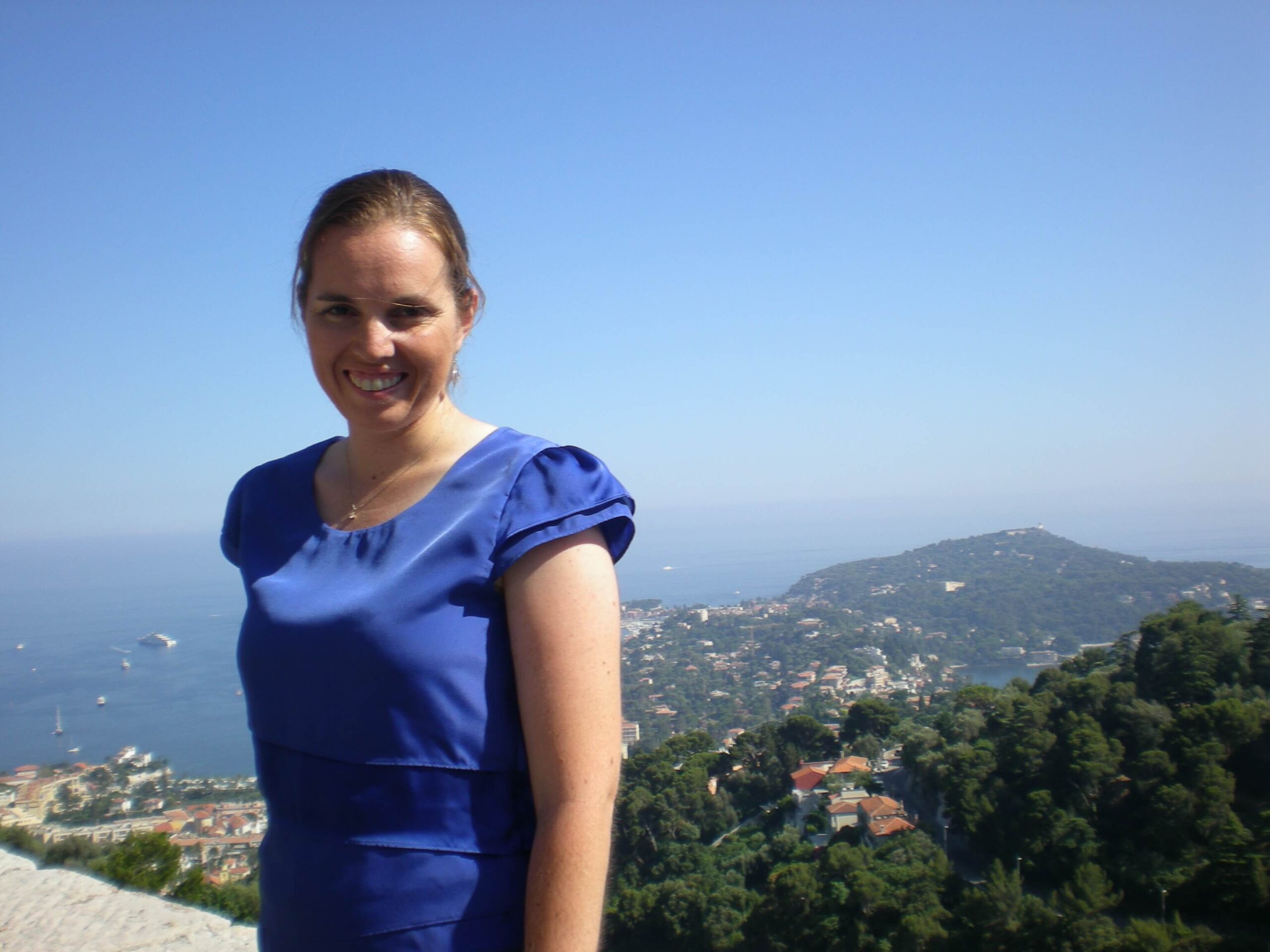 Travel Writer, Crystal Lobban, overlooking the Mediterranean Sea in the French Riviera.
