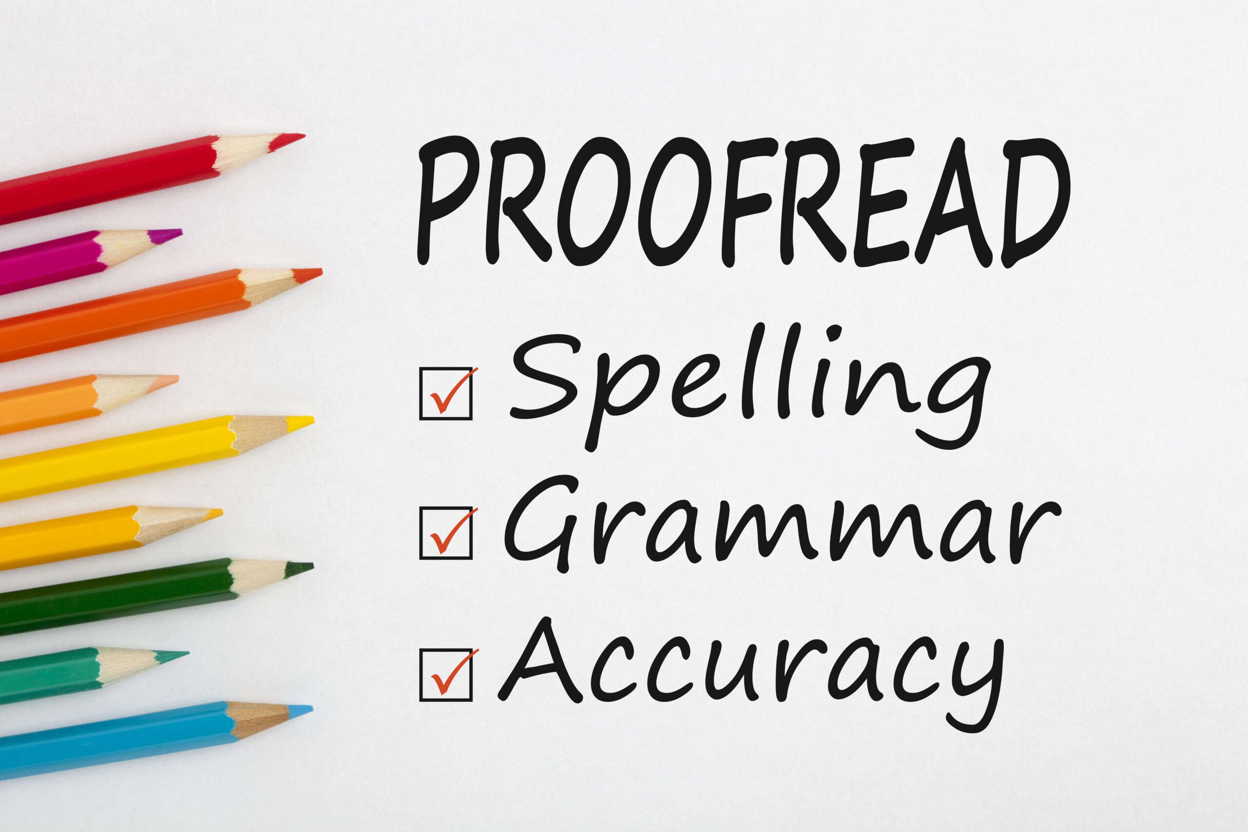 Proofreading image with the words spelling, grammar and accuracy with a red tick.