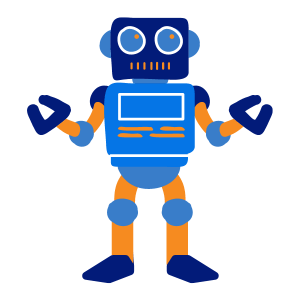 An image of a robot with light blue body, orange arms and legs and a dark blue head.