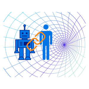 A robot linking with a human in a web spiral.